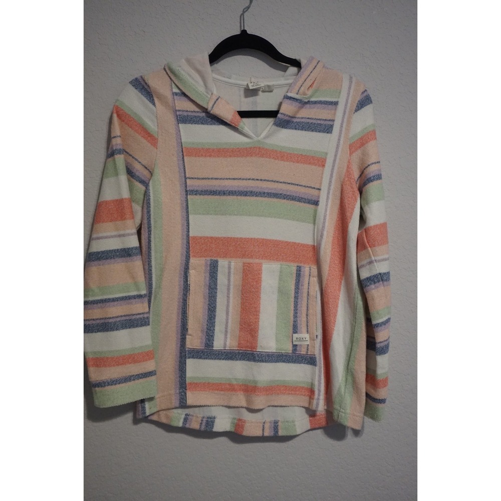 Roxy Pink Colorful Striped Relaxed Hooded Long Sleeve Sweater Girls Size 14 XL
